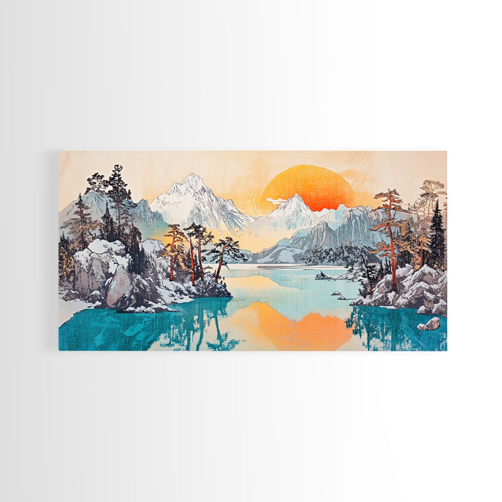 Serene Alpine Lake With Snowy Peaks And Orange Sun Framed Canvas Print, Mountain Wall Art, Japandi Nature Living Room Home Decor