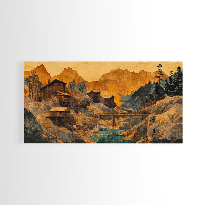 Rustic Mountain Mining Village Framed Canvas Print, Japanese Landscape Wall Art, Cabin Decor, Office Decor, Housewarming Gift