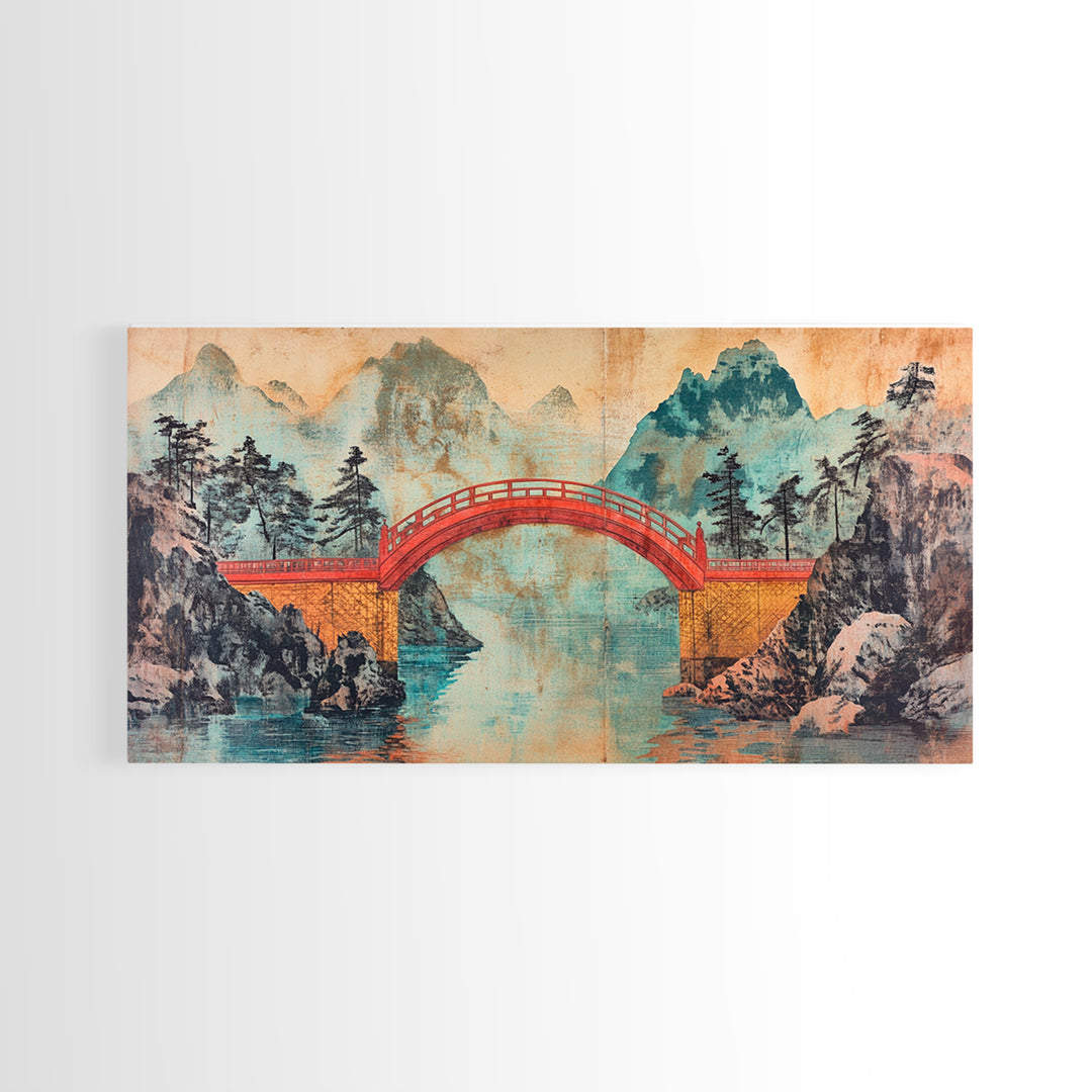 Red Arch Bridge Mountain Lake Canvas Print, Japanese Wall Art, Serene Landscape Art, Zen Home Decor, Living Room Wall Decor