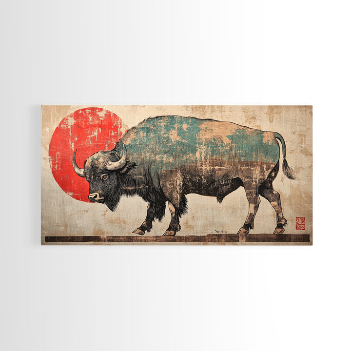Walking Bison Red Sun Canvas Print, Western Wall Art, Buffalo Art Print, Rustic Home Decor, Masculine Office Wall Decor, Gift For Him