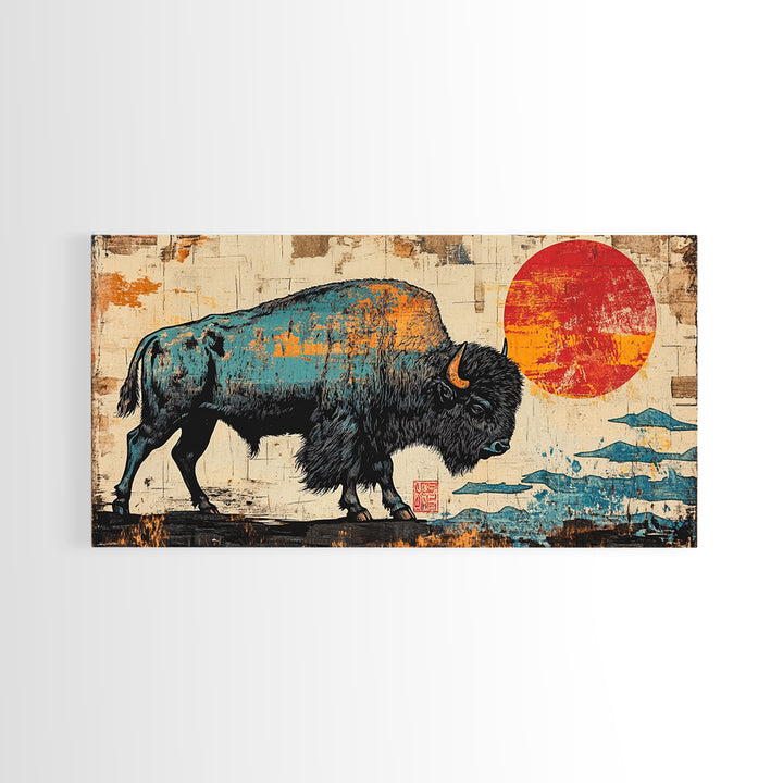 Textured Bison Red Sun Framed Canvas Print, Western Wall Art, Buffalo Wall Decor, Rustic Farmhouse Decor, Gift For Him, Office Decor
