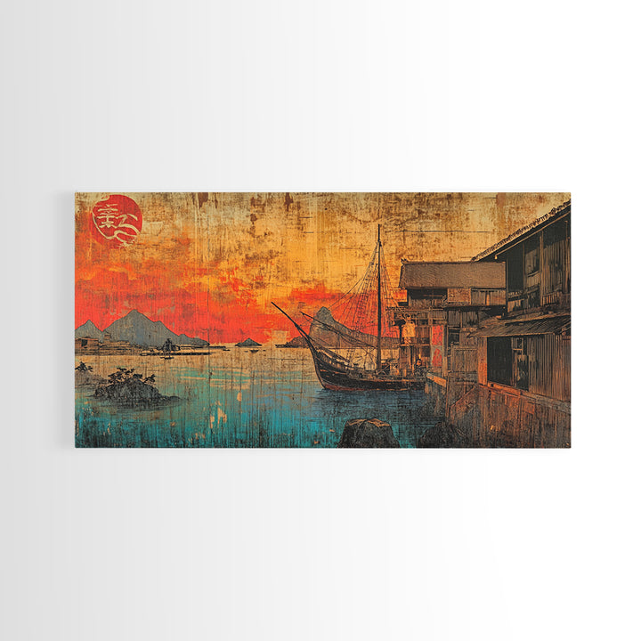 Sunset Harbor Boat Village Canvas Print, Japanese Coastal Wall Art, Nautical Decor, Travel Poster, Living Room Wall Decor