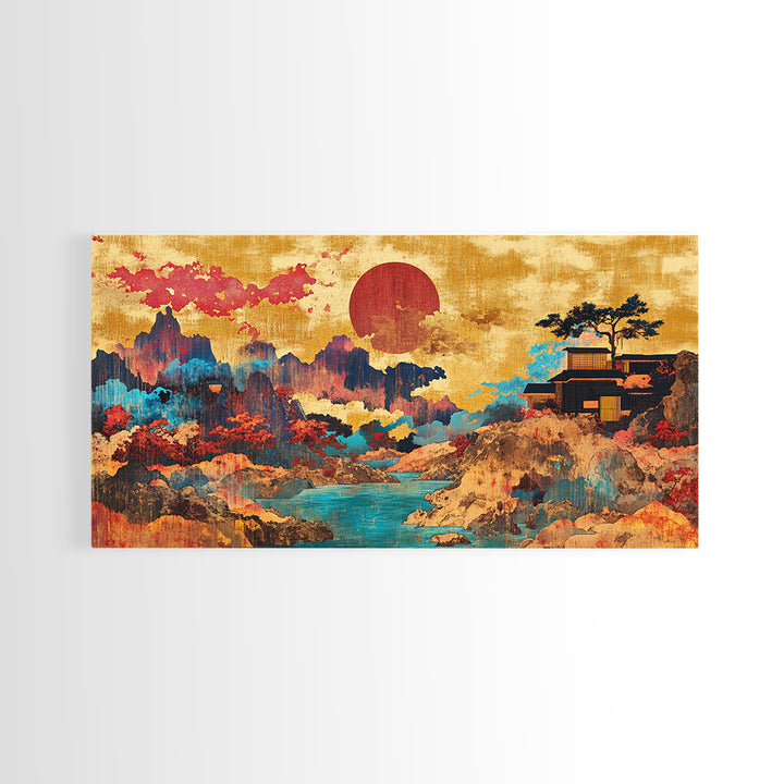 Red Sun Mountain River Wall Art, Japanese Landscape Canvas, Asian Inspired Decor, Panoramic Print, Living Room Decor, Modern Home Decor