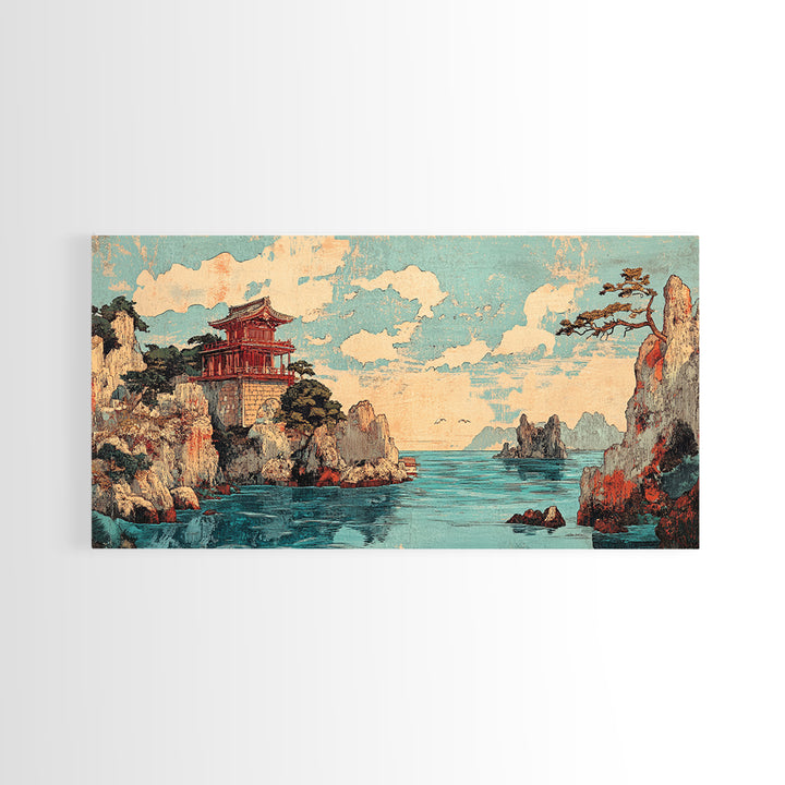 Clifftop Pagoda Ocean Canvas Print, Japanese Coastal Landscape Wall Decor, Asian Inspired Art, Travel Poster, Home Decor Art Print