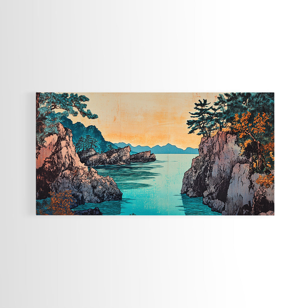 Rocky Pine Sea Inlet Framed Canvas Print, Japanese Coastal Wall Art, Autumn Landscape, Modern Living Room Decor, Home Decor