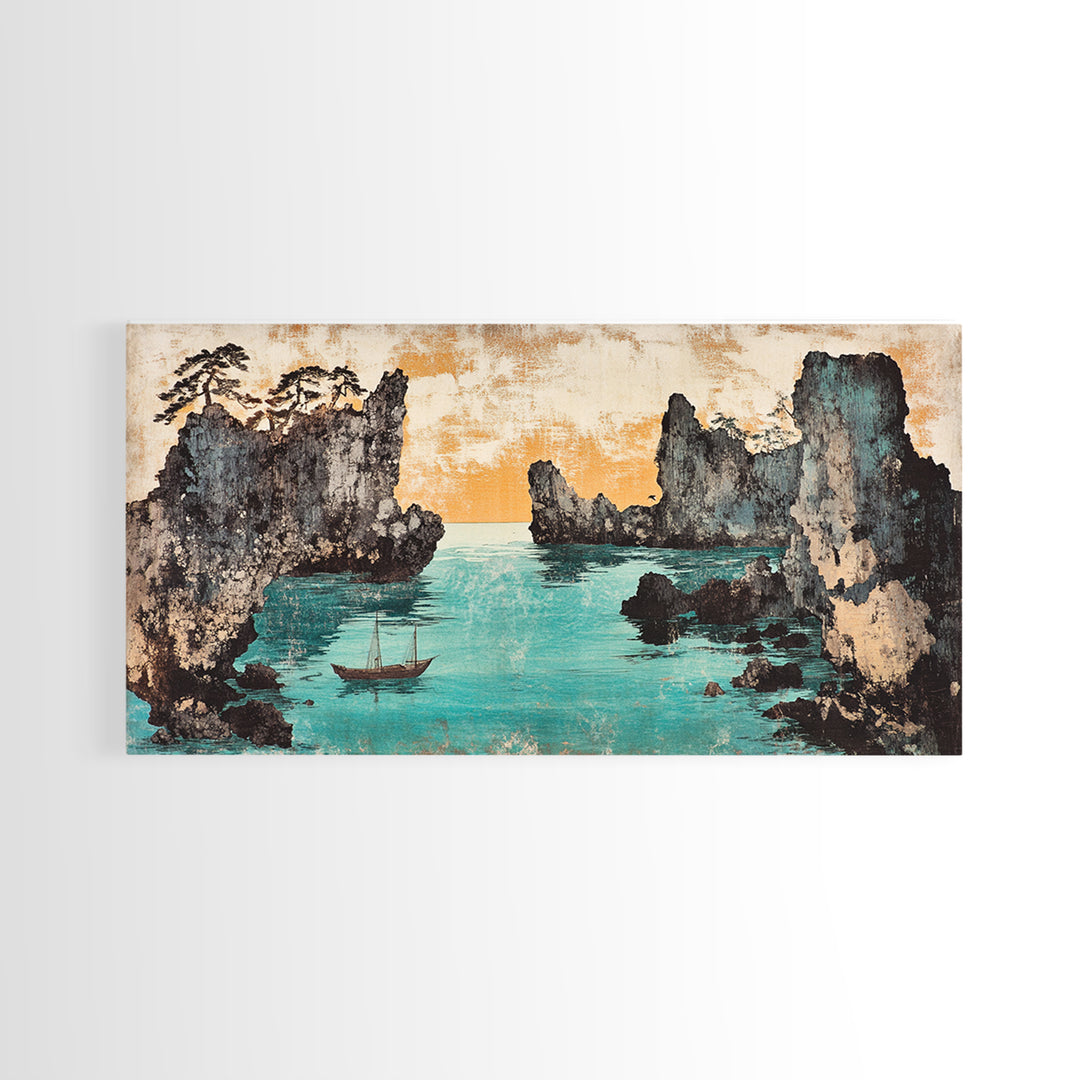 Turquoise Cove And Sailboat Wall Art, Japanese Seascape Print, Coastal Wall Decor, Panoramic Canvas Home Decor, Living Room Decor