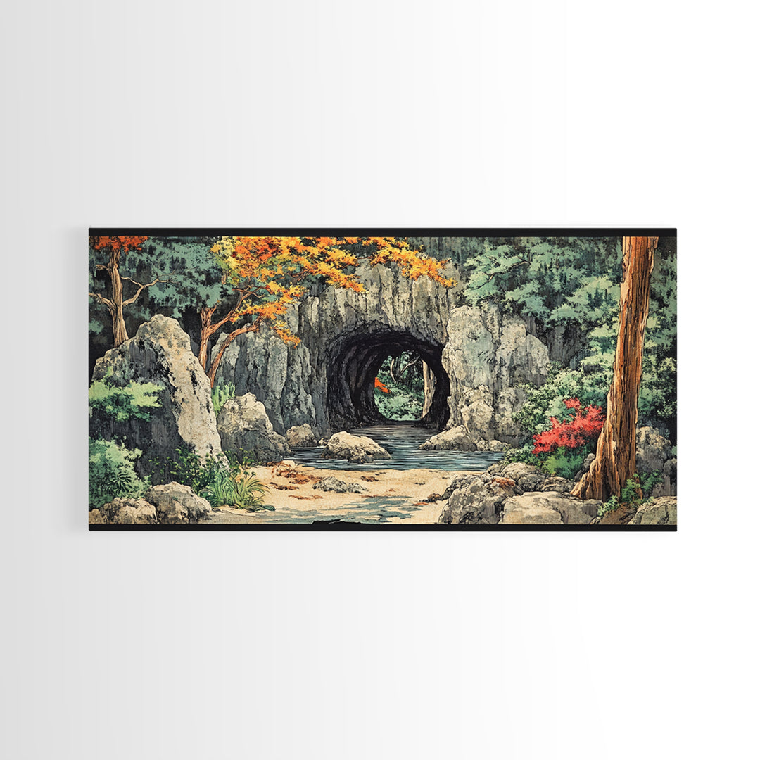 Stone Moon Gate Garden Canvas Print, Japanese Forest Stream Wall Art, Zen Home Decor, Japandi Living Room Wall Decor Art Print