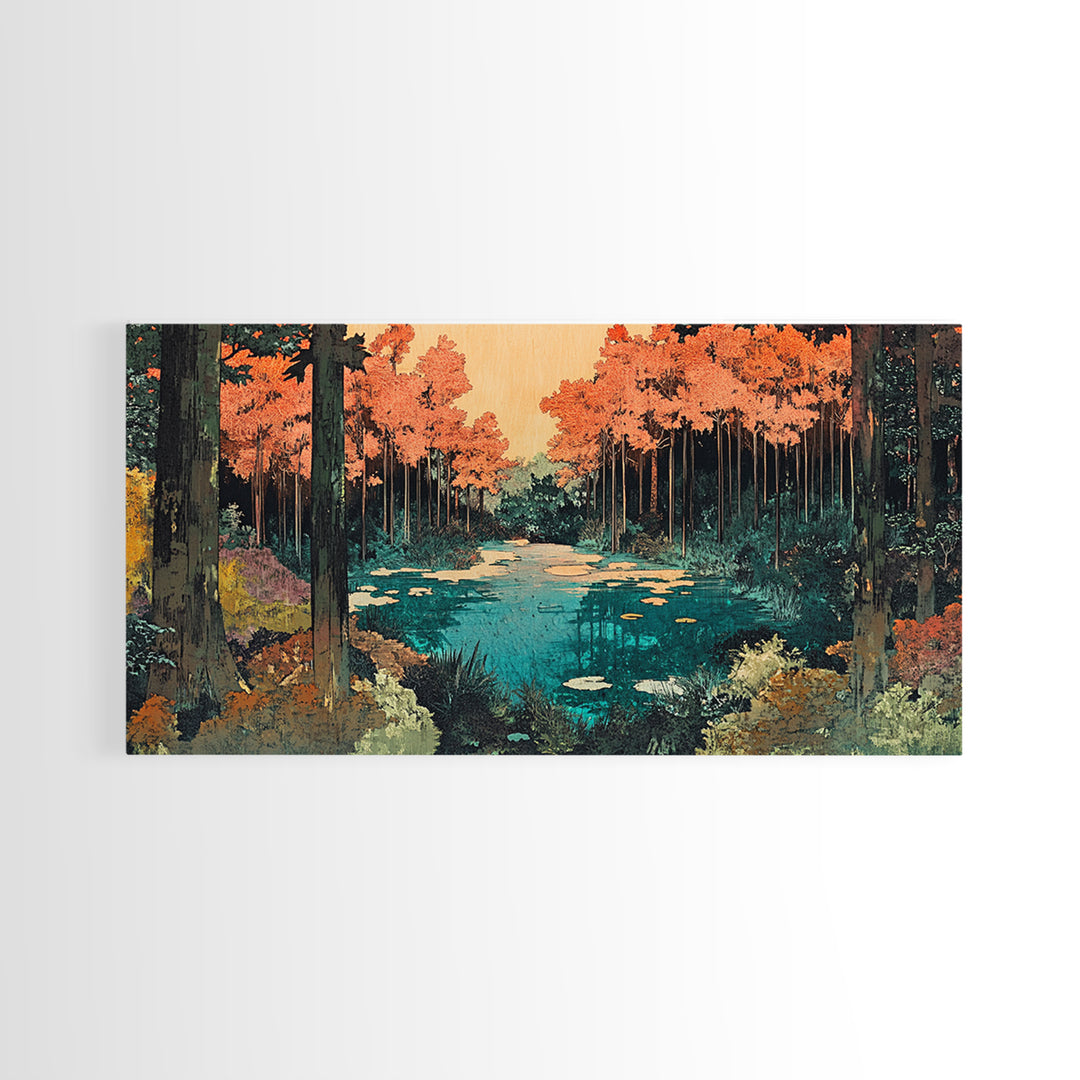 Autumn Forest Pond Canvas Print, Orange Trees And Lily Pads Wall Art, Japandi Nature Decor, Cozy Living Room Decor, Home Decor