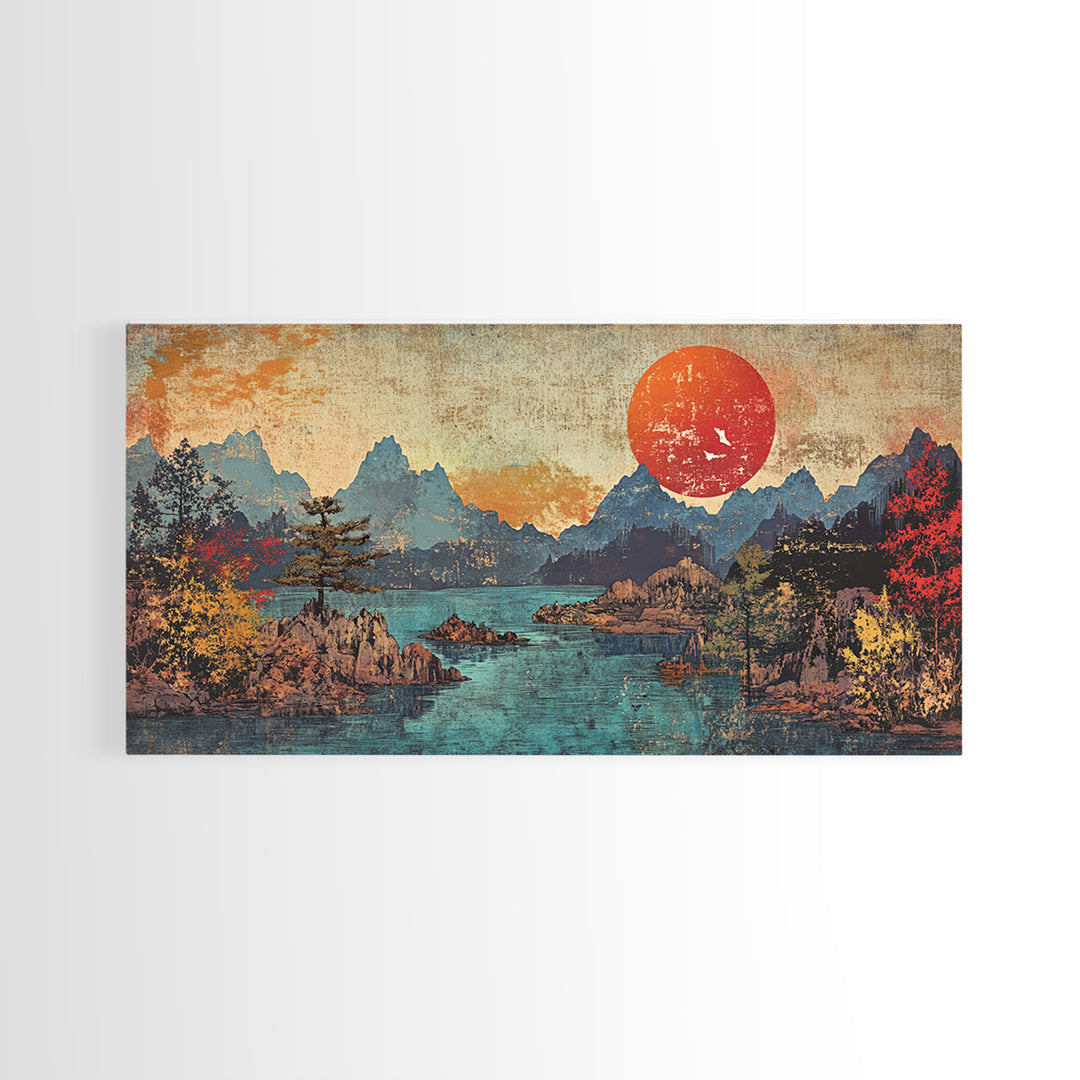 Red Sun Mountain Lake Wall Art, Japanese Landscape Print, Panoramic Canvas, Moody Nature Decor, Living Room Decor, Home Decor