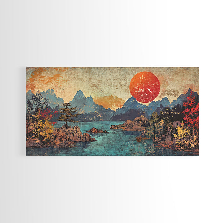 Red Sun Mountain Lake Wall Art, Japanese Landscape Print, Panoramic Canvas, Moody Nature Decor, Living Room Decor, Home Decor