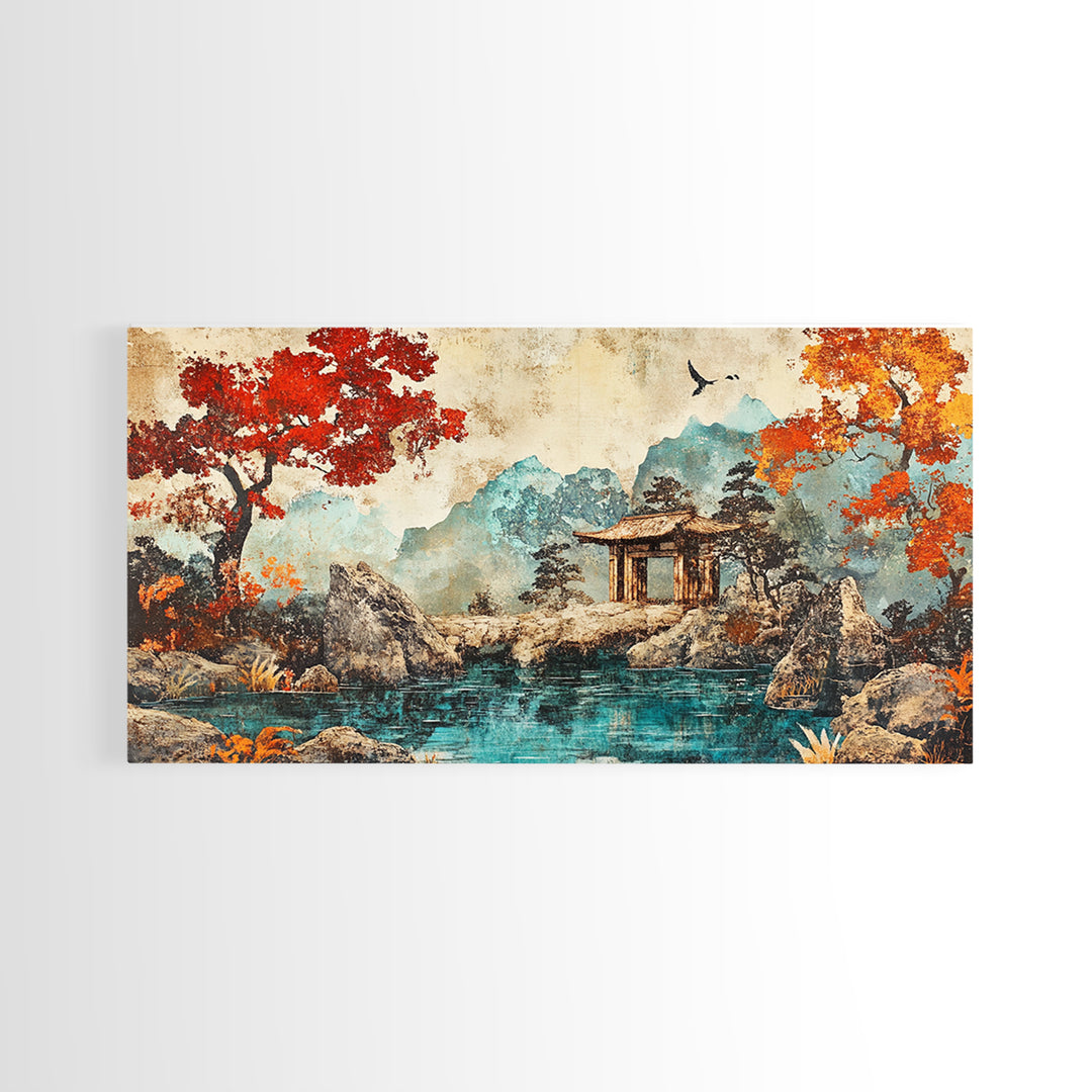 Red Maple Lake Pavilion Framed Canvas Print, Japanese Garden Wall Art, Asian Landscape Decor, Living Room Wall Decor Art Print