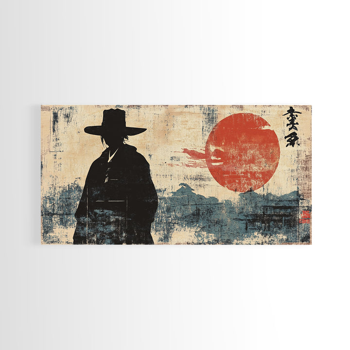 Samurai Silhouette Red Sun Wall Art, Japanese Warrior Print, Asian Inspired Decor, Masculine Office Wall Decor, Home Decor