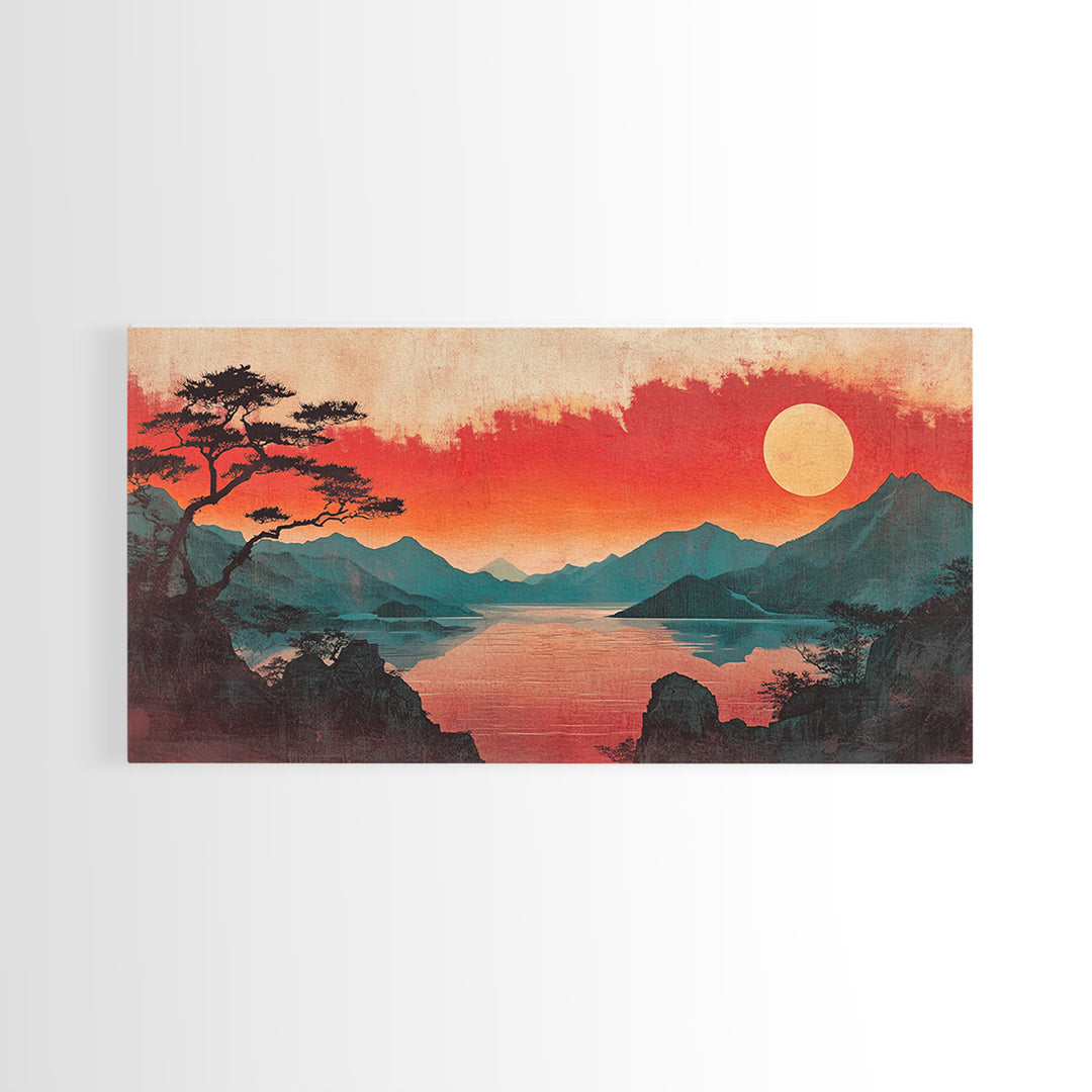 Crimson Sunset Mountain Lake Canvas Print, Japanese Landscape Wall Art, Red Sky Decor, Panoramic Living Room Decor, Home Decor