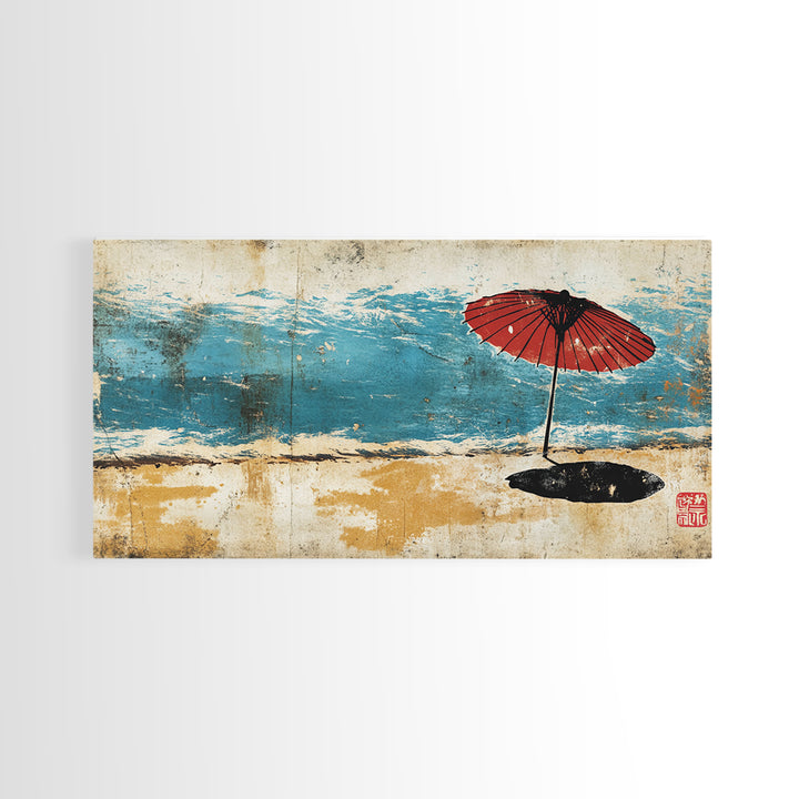 Red Beach Umbrella By Turquoise Waves Wall Art, Japanese Coastal Canvas Print, Beach House Decor, Ocean Wall Decor Gift For Her
