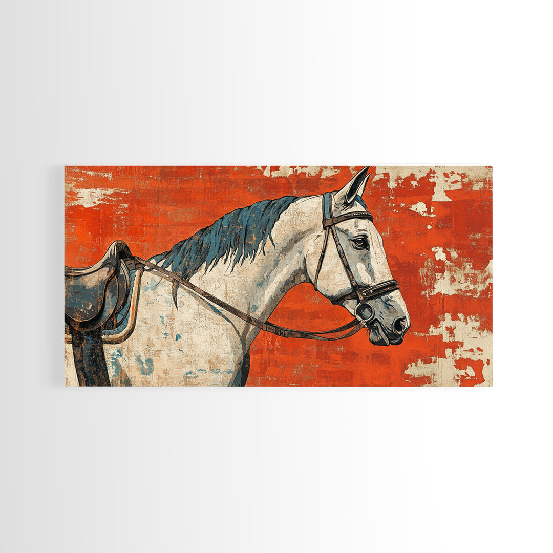 White Horse Portrait On Orange Rustic Wall Art, Western Equestrian Canvas Print, Farmhouse Decor, Horse Lover Gift For Her