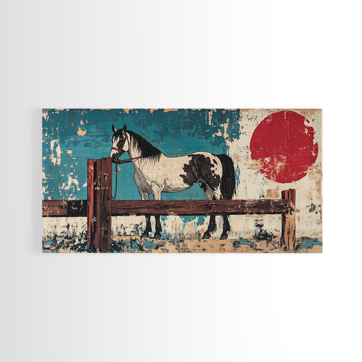 Black And White Paint Horse With Red Sun Wall Art, Western Equestrian Canvas Print, Rustic Farmhouse Decor, Horse Lover Gift
