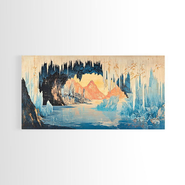 Glowing Ice Cave With Frozen Lake Wall Art, Arctic Landscape Canvas Print, Blue Mountain Decor, Fantasy Nature Art Gift Idea