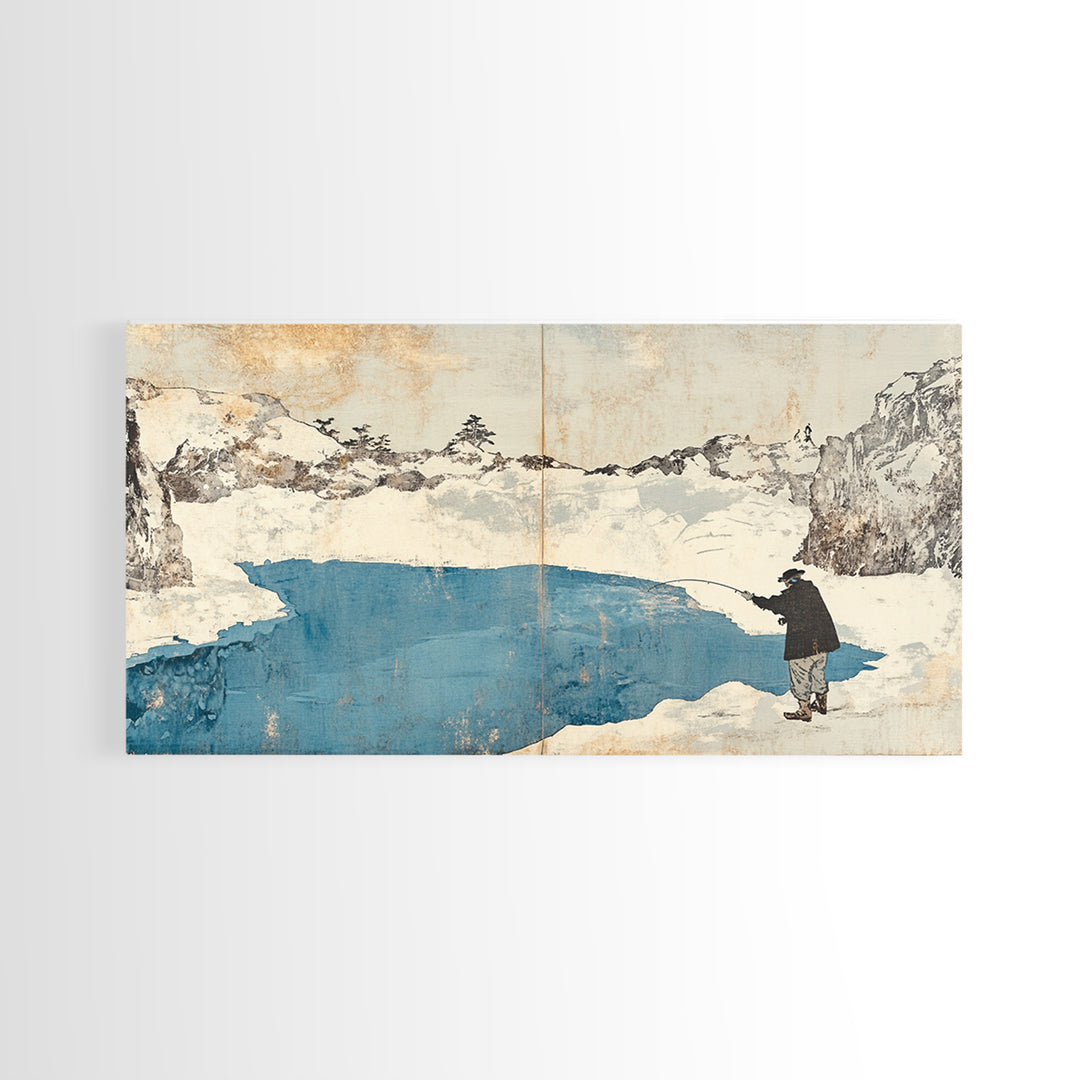 Lone Traveler Beside Snowy Blue Lake Wall Art, Japanese Landscape Canvas Print, Minimalist Winter Decor, Zen Home Decor Gift
