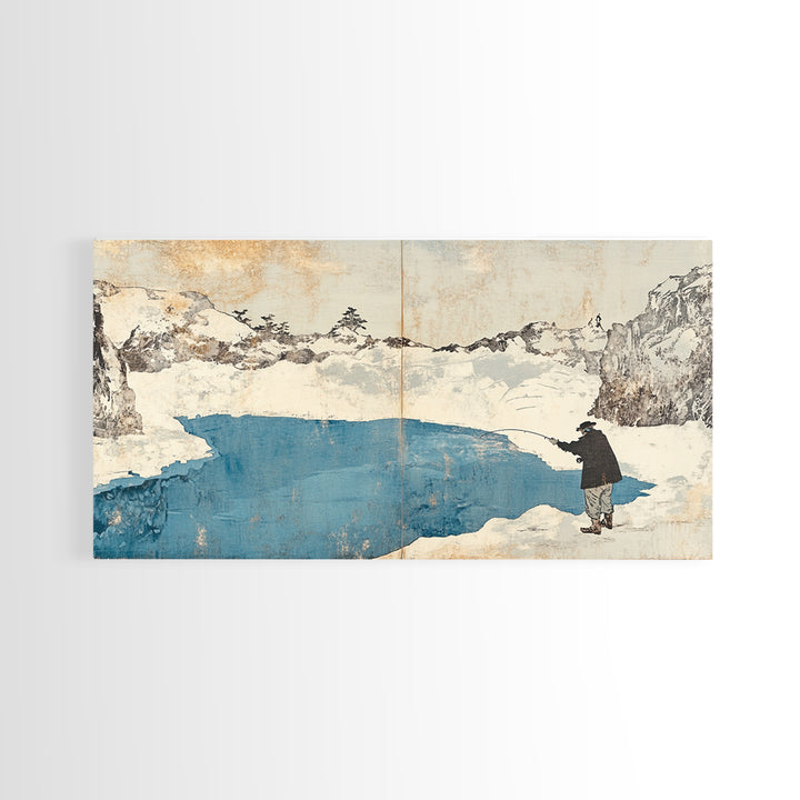 Lone Traveler Beside Snowy Blue Lake Wall Art, Japanese Landscape Canvas Print, Minimalist Winter Decor, Zen Home Decor Gift