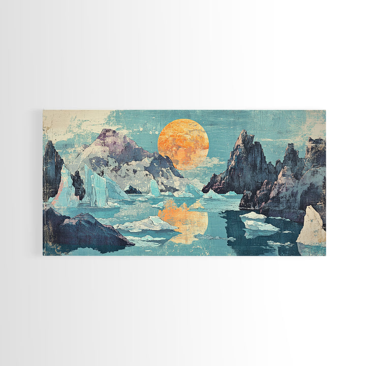 Orange Sun Over Icy Mountain Lake Wall Art, Abstract Landscape Canvas Print, Japandi Coastal Decor, Large Living Room Art