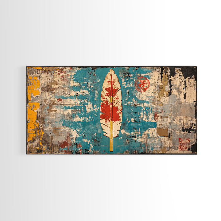 Red Feather On Turquoise Distressed Wall Art, Tribal Boho Canvas Print, Rustic Southwestern Decor, Unique Wall Decor Gift