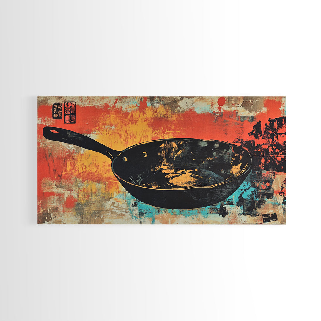 Black Wok Pan On Red Teal Background Wall Art, Kitchen Canvas Print, Rustic Food Decor, Dining Room Wall Decor Gift For Chef