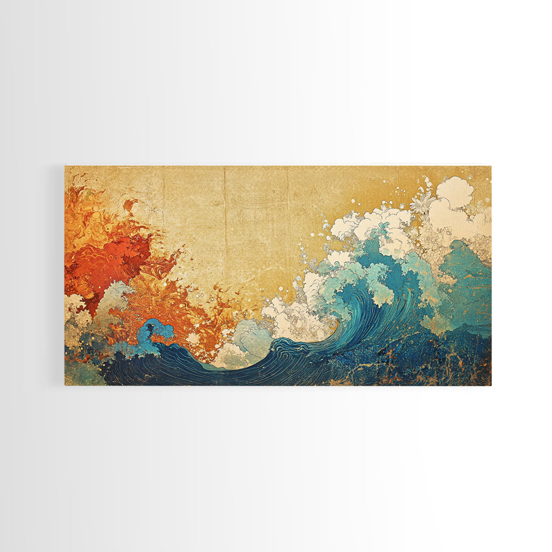Fiery Orange And Blue Japanese Wave Canvas Print, Ocean Wall Art, Abstract Seascape For Coastal Home Decor And Living Room Decor