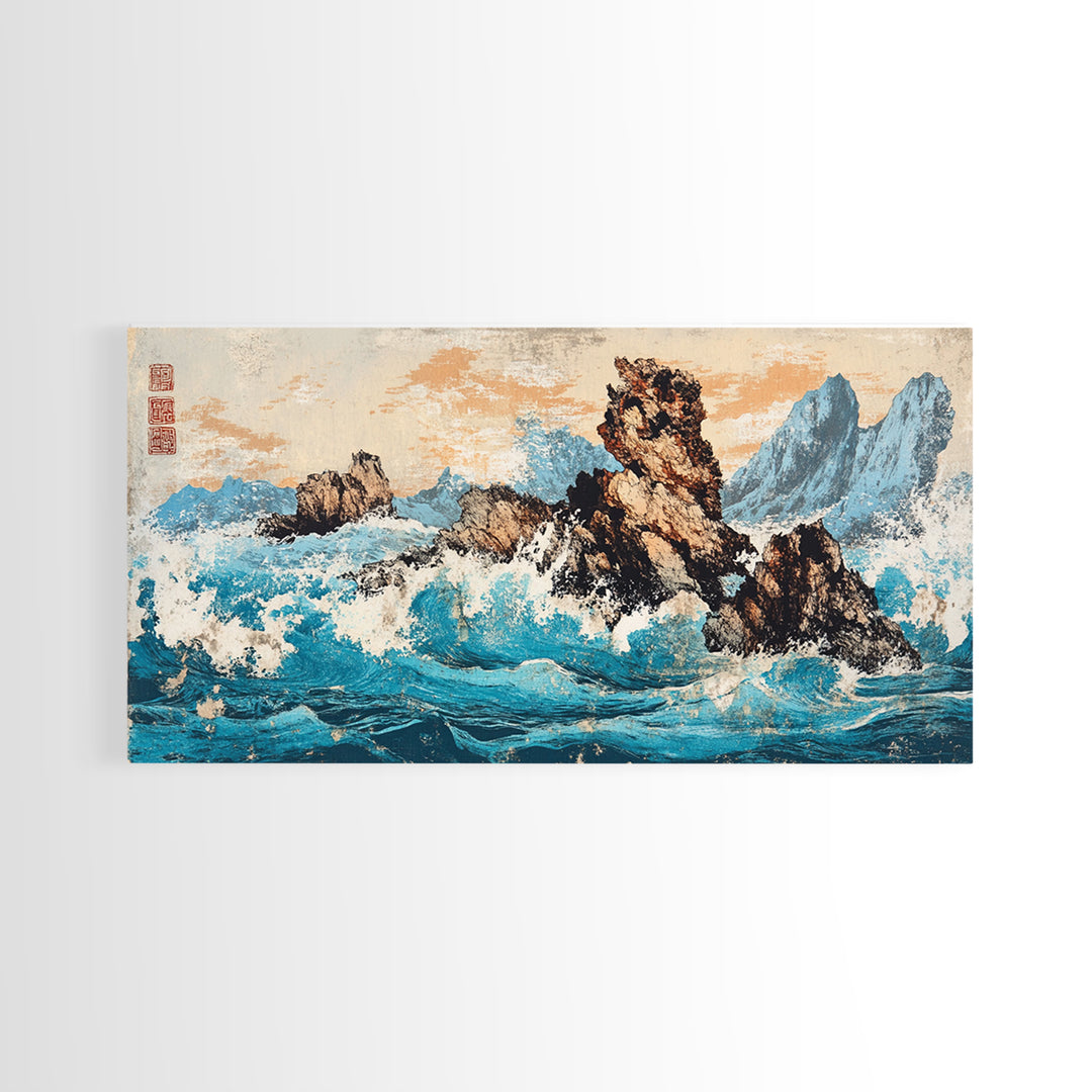 Rocky Blue Ocean Cliffs In Japanese Style Framed Canvas Print, Seascape Wall Art For Coastal Decor And Nautical Home Decor