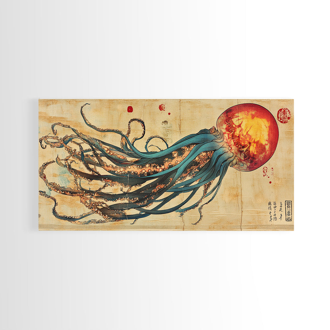 Giant Squid With Red Sun Japanese Wall Art, Octopus Canvas Print For Marine Life Decor, Coastal Statement Artwork For Living Room Decor