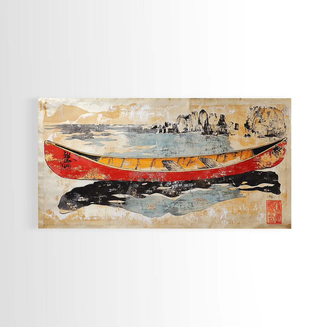 Red And Yellow Canoe On Rugged Shore Framed Canvas Print, Nautical Wall Art For Lake House Decor And Coastal Home Decor Art