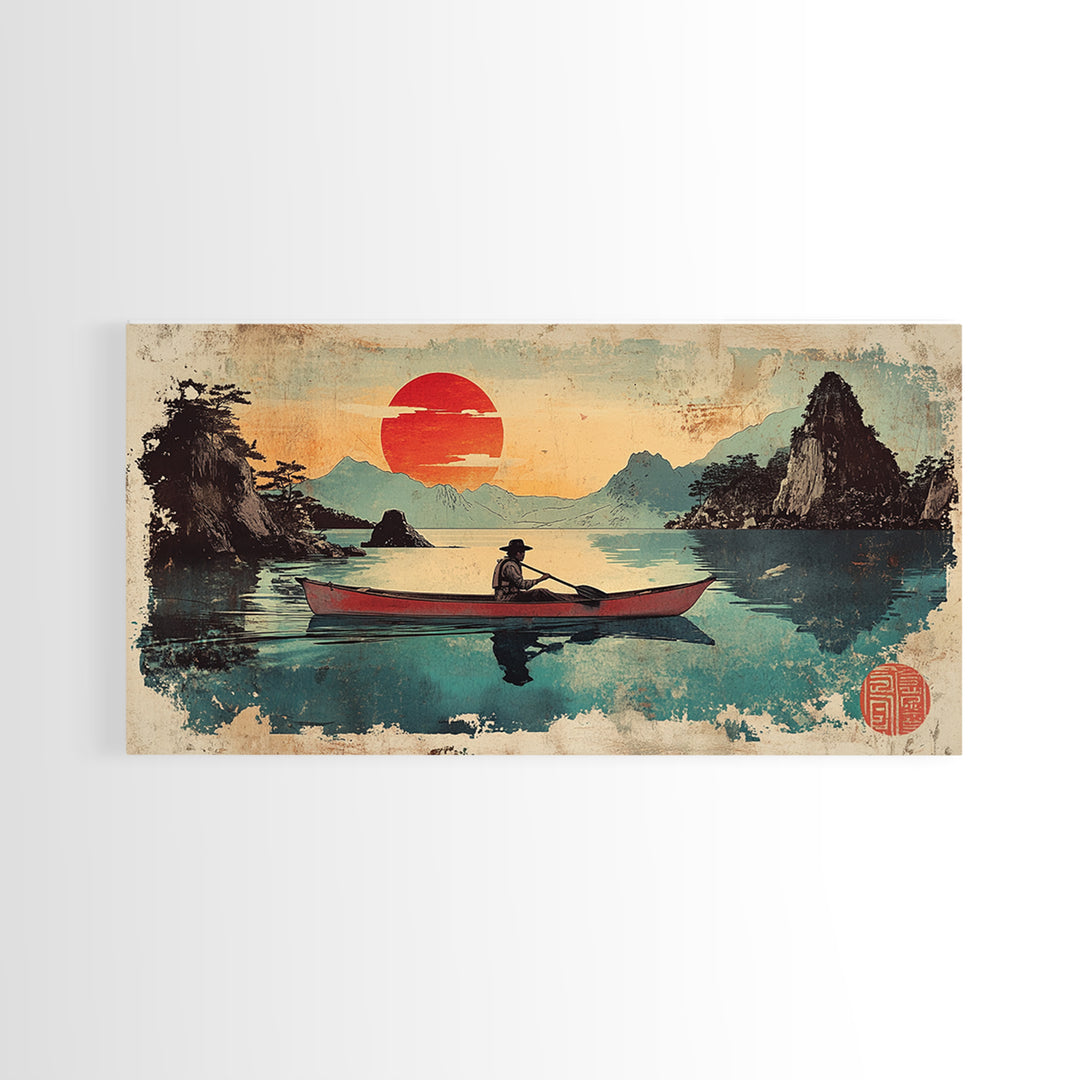 Fisherman Rowboat On Misty Mountain Lake Wall Art, Japanese Landscape Canvas Print For Zen Home Decor And Living Room Decor