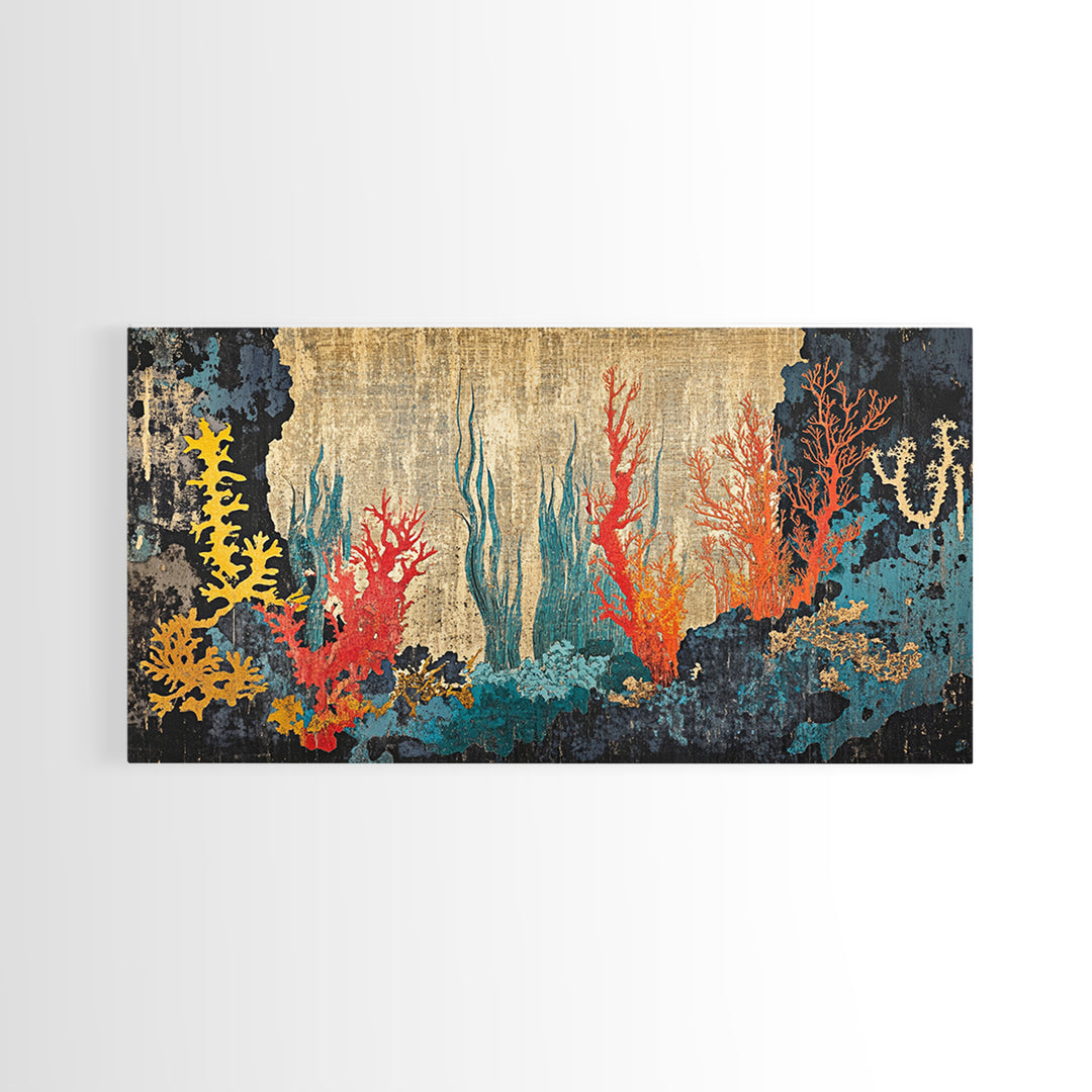 Vibrant Coral Reef Underwater Scene Framed Canvas Print, Ocean Wall Art For Coastal Decor, Marine Life And Beach House Decor