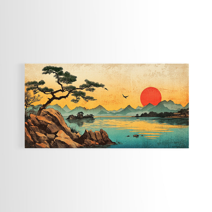 Pine Tree Sunset Over Mountain Lake Wall Art, Japanese Landscape Canvas Print For Zen Decor And Coastal Living Room Decor
