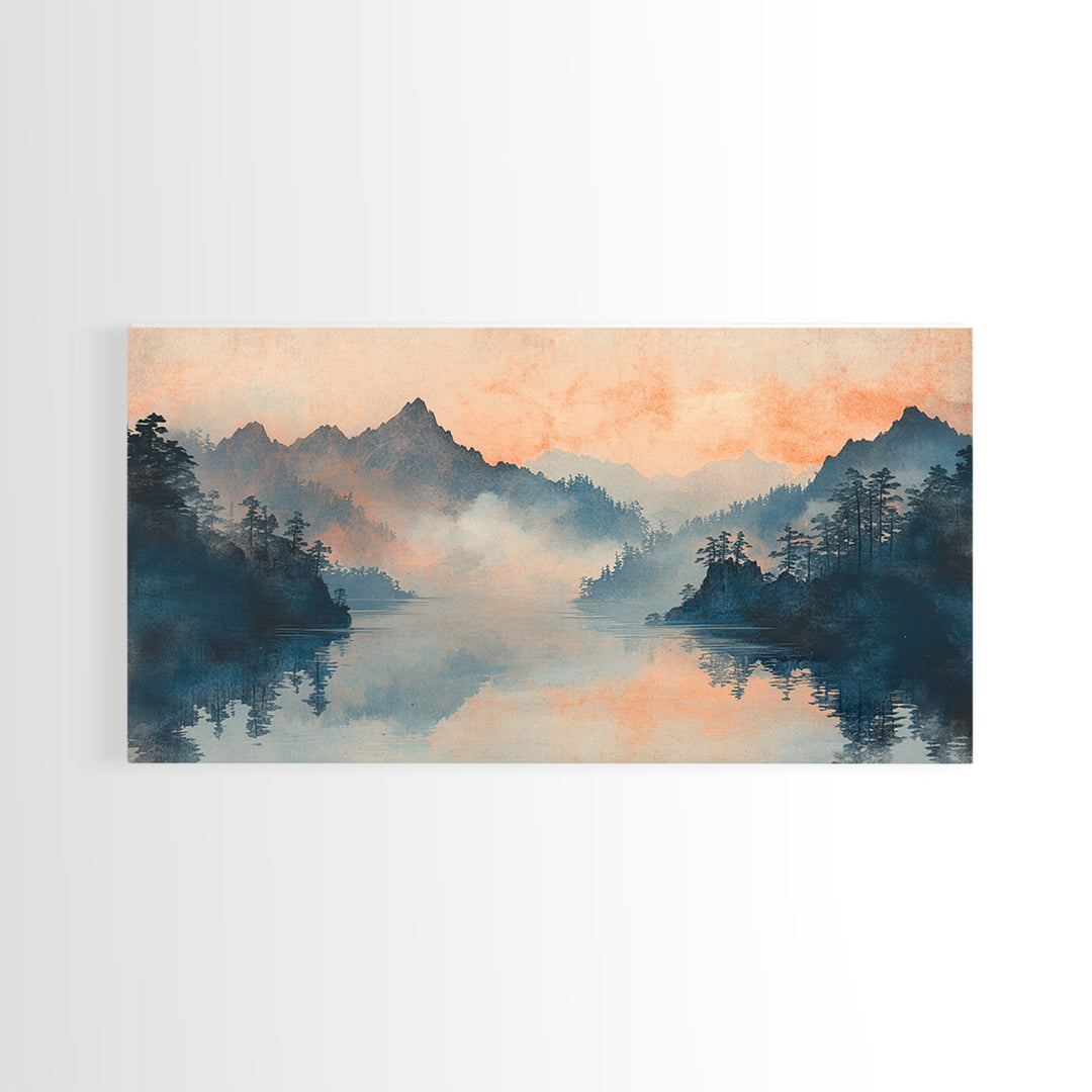 Misty Mountain Lake Sunrise Wall Art, Japanese Landscape Art Print, Serene Nature Decor, Large Horizontal Living Room Decor
