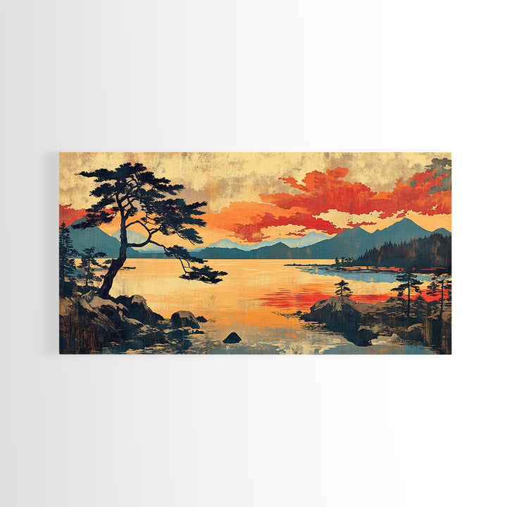 Orange Sunset Pine Lake Wall Art, Japanese Woodblock Landscape Print, Rustic Cabin Decor, Large Nature Art For Living Room