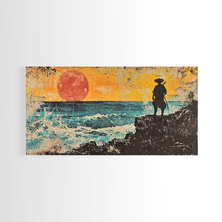 Samurai Ocean Sunset Framed Canvas Print, Japanese Warrior Wall Art, Coastal Seascape Decor, Bold Gift For Him, Man Cave Decor