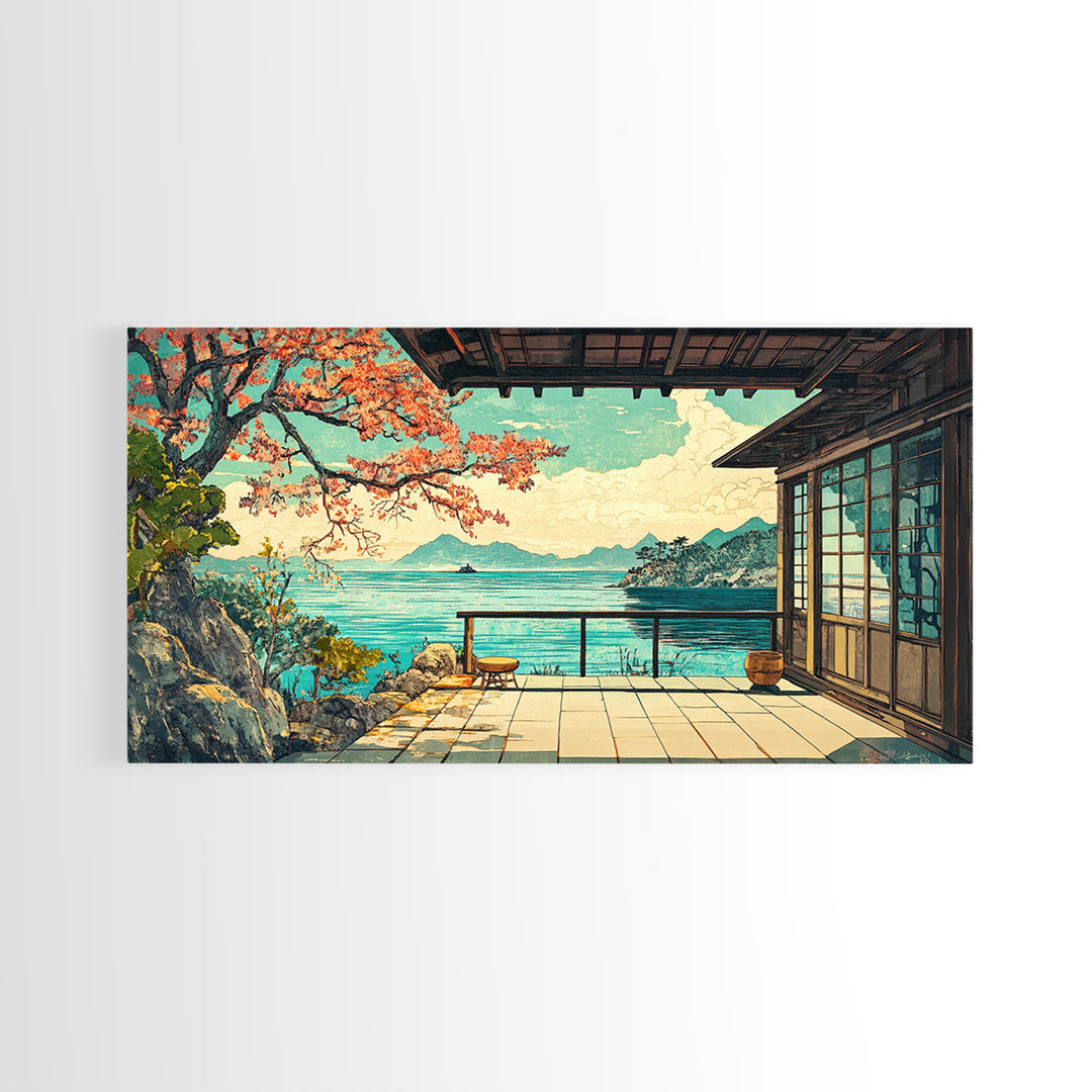 Japanese Seaside Veranda Canvas Print, Turquoise Ocean Wall Art, Zen Coastal Home Decor, Japandi Living Room Wall Decor Art