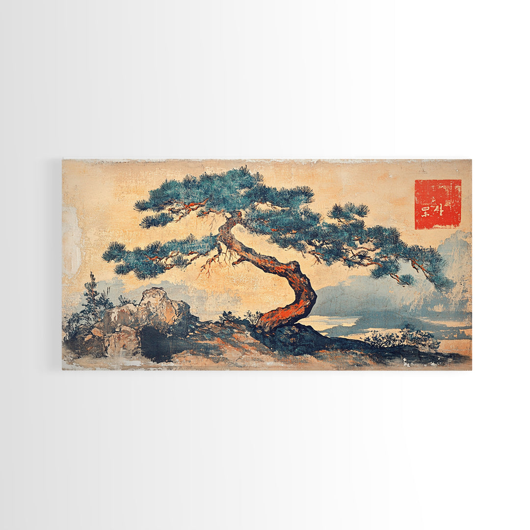 Windswept Pine Tree Wall Art, Japanese Ink Landscape Print, Zen Nature Decor, Minimalist Coastal Framed Canvas Print, Serene Home Decor