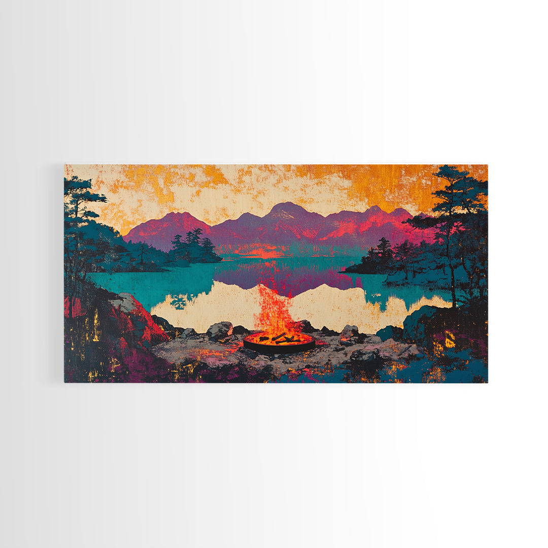 Campfire Mountain Lake Canvas Print, Rustic Cabin Wall Art, Moody Landscape Decor, Camping Gift For Him, Living Room Art