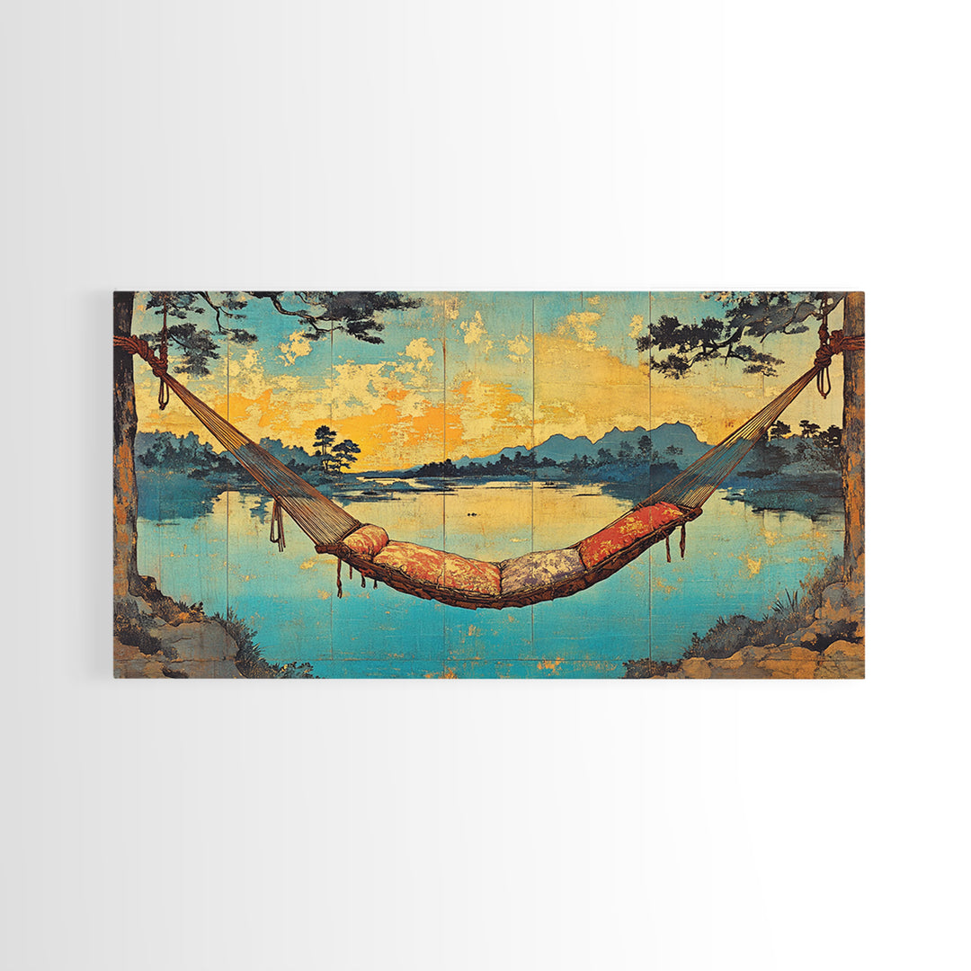 Lakeside Hammock Sunset Wall Art, Cozy Cabin Landscape Print, Relaxing Nature Decor, Large Horizontal Canvas Print, Lake House Decor