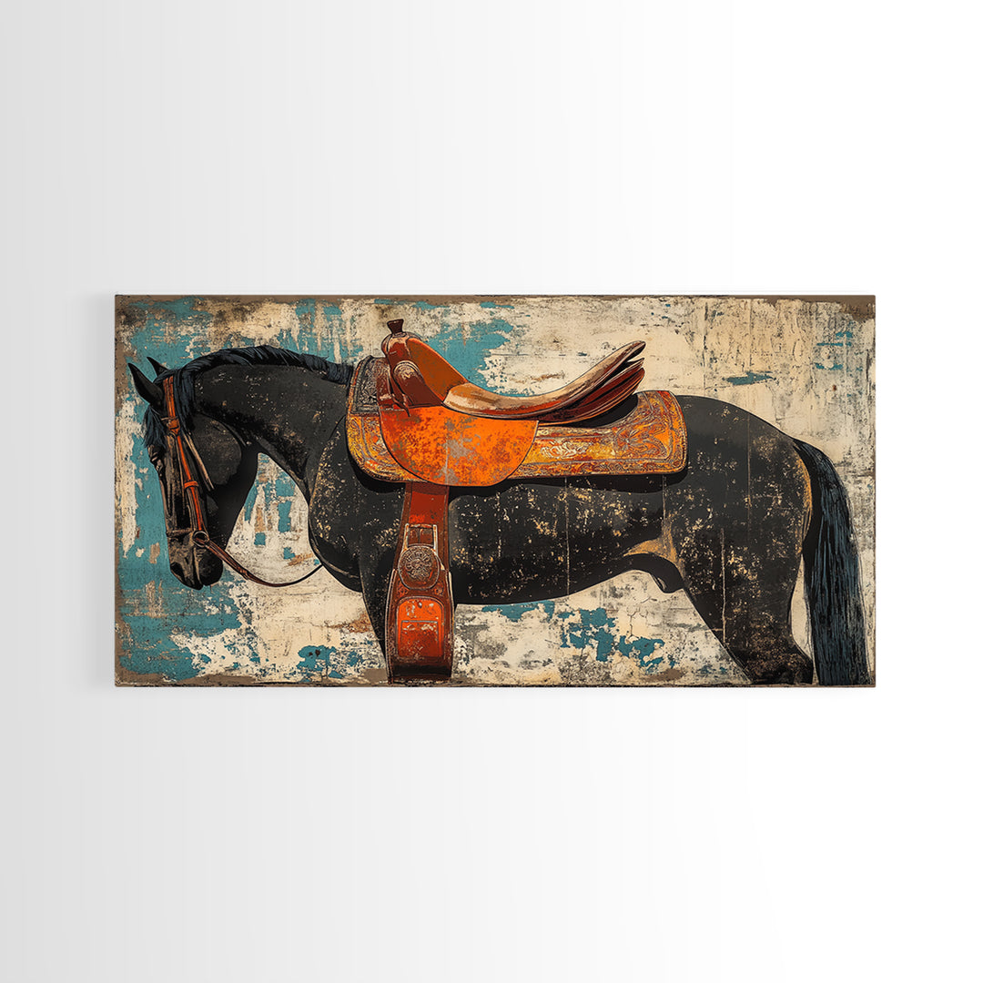 Black Horse With Orange Western Saddle Wall Art, Rustic Ranch Decor, Equestrian Art Print, Cowboy Living Room Decor Gift
