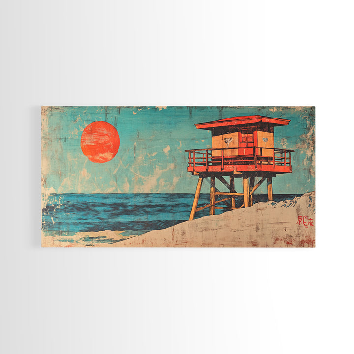 Red Lifeguard Tower Beside Blue Ocean Canvas Print, Coastal Wall Art, Beach House Decor, Retro Travel Poster Print For Home