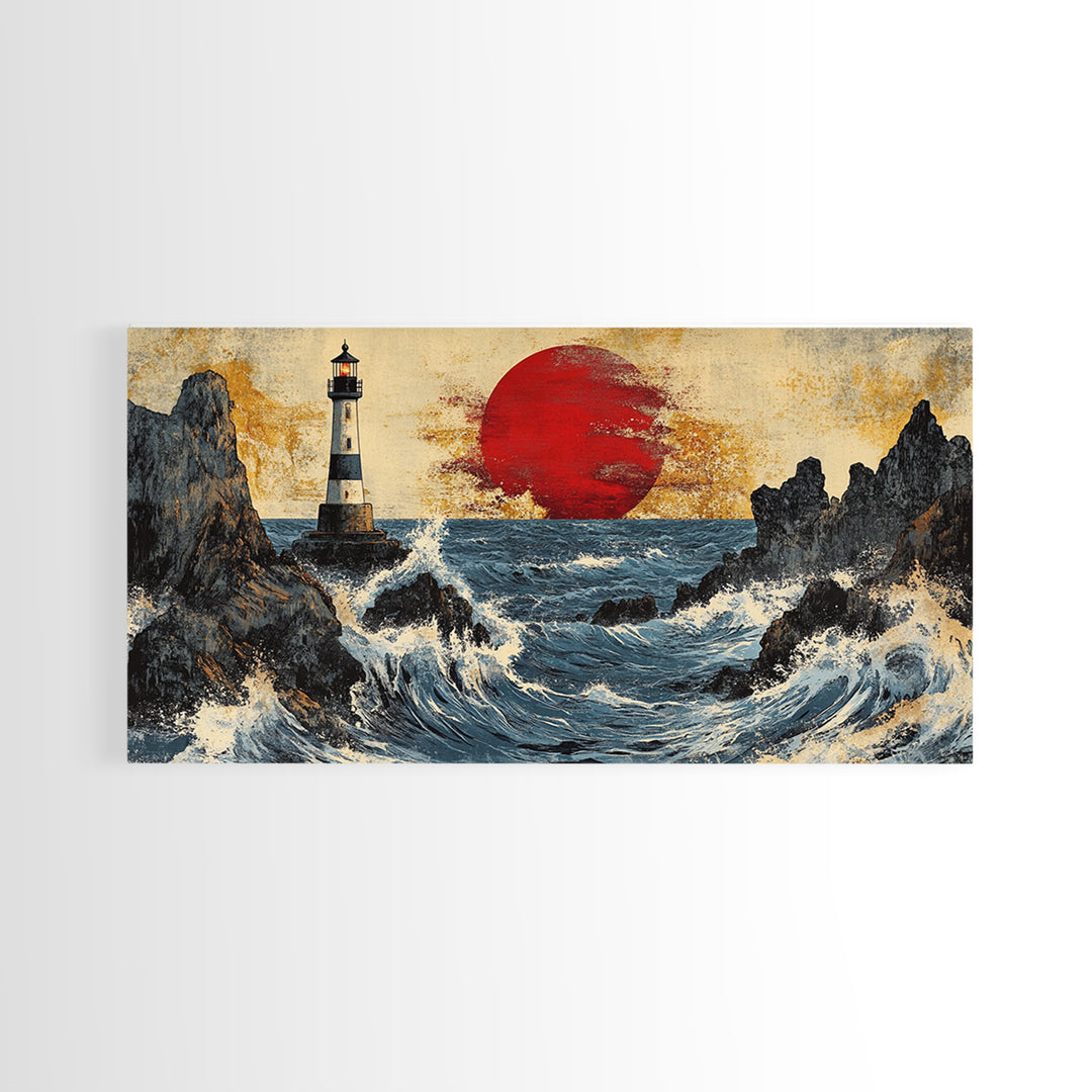 Rocky Lighthouse Sunset With Dramatic Waves Wall Art, Coastal Seascape, Nautical Decor, Large Framed Canvas Print For Living Room