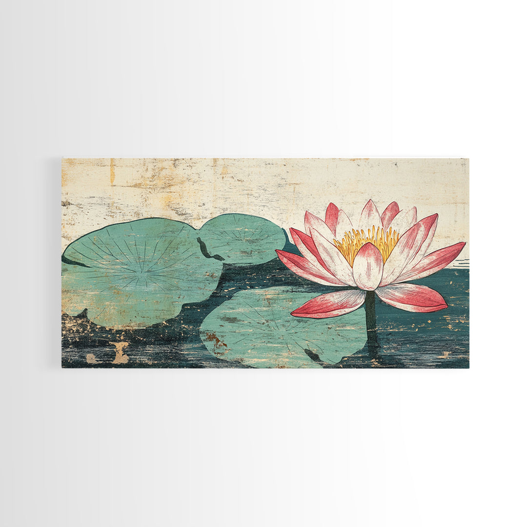 Pink Lotus Blossom And Lily Pads Canvas Print, Zen Wall Art, Botanical Wall Decor, Japandi Bathroom Art, Spa Decor Print