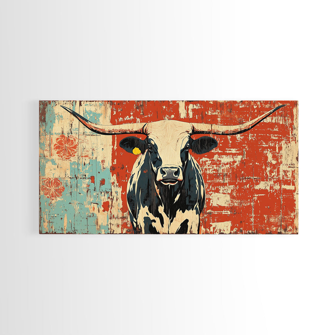 Black And White Longhorn Cow Framed Canvas Print, Rustic Western Wall Art, Farmhouse Ranch Decor, Cowgirl Home Decor Gift