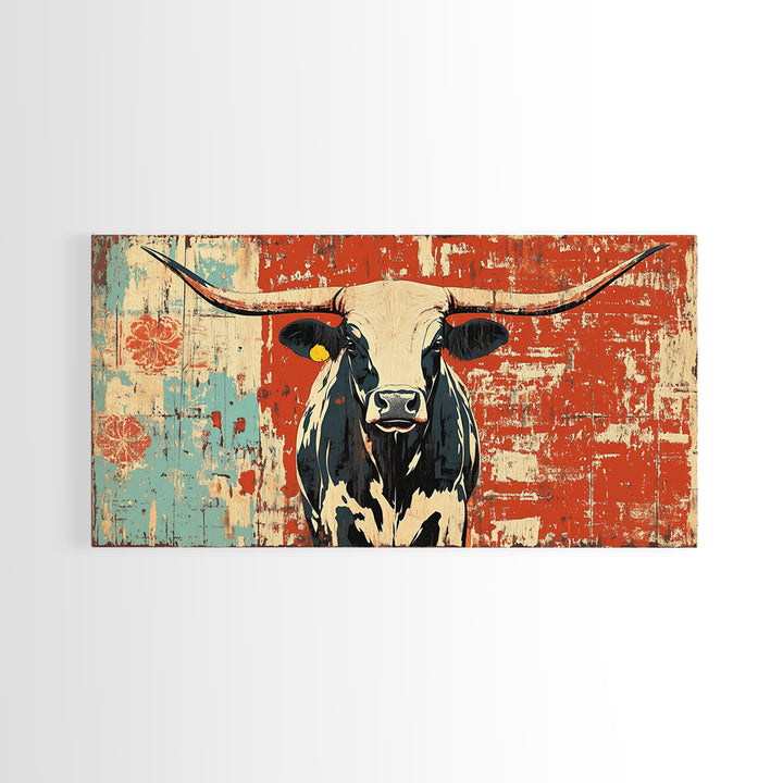 Black And White Longhorn Cow Framed Canvas Print, Rustic Western Wall Art, Farmhouse Ranch Decor, Cowgirl Home Decor Gift