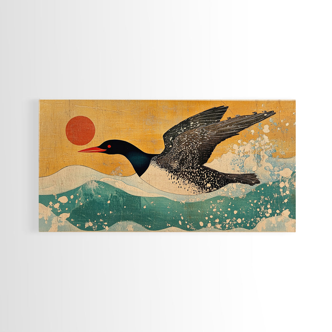 Black Loon Bird Canvas Print, Japanese Coastal Wall Art, Lake House Decor, Nautical Wildlife Art Print For Bird Lovers Gift