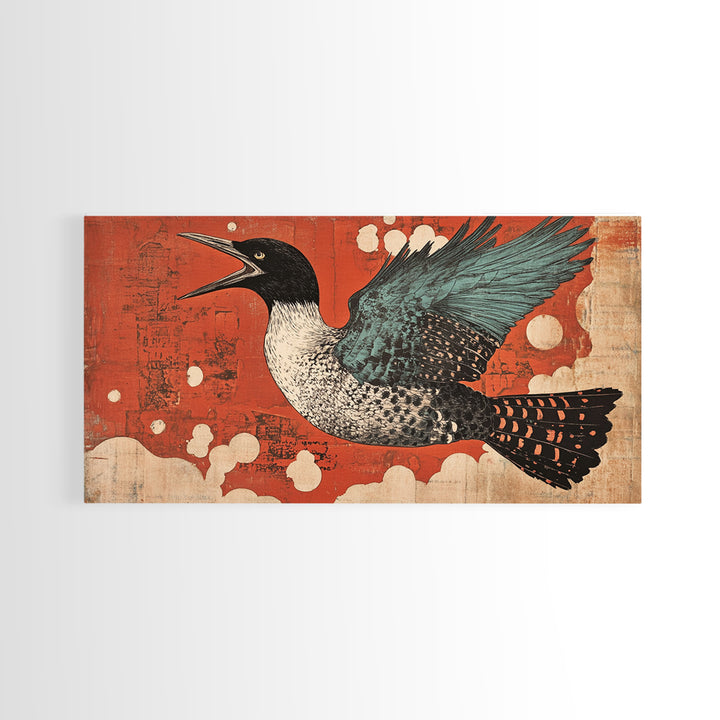 Speckled Sea Bird Framed Canvas Print, Japanese Wildlife Wall Art, Rustic Coastal Decor, Teal Wings Red Sky Print For Home Decor