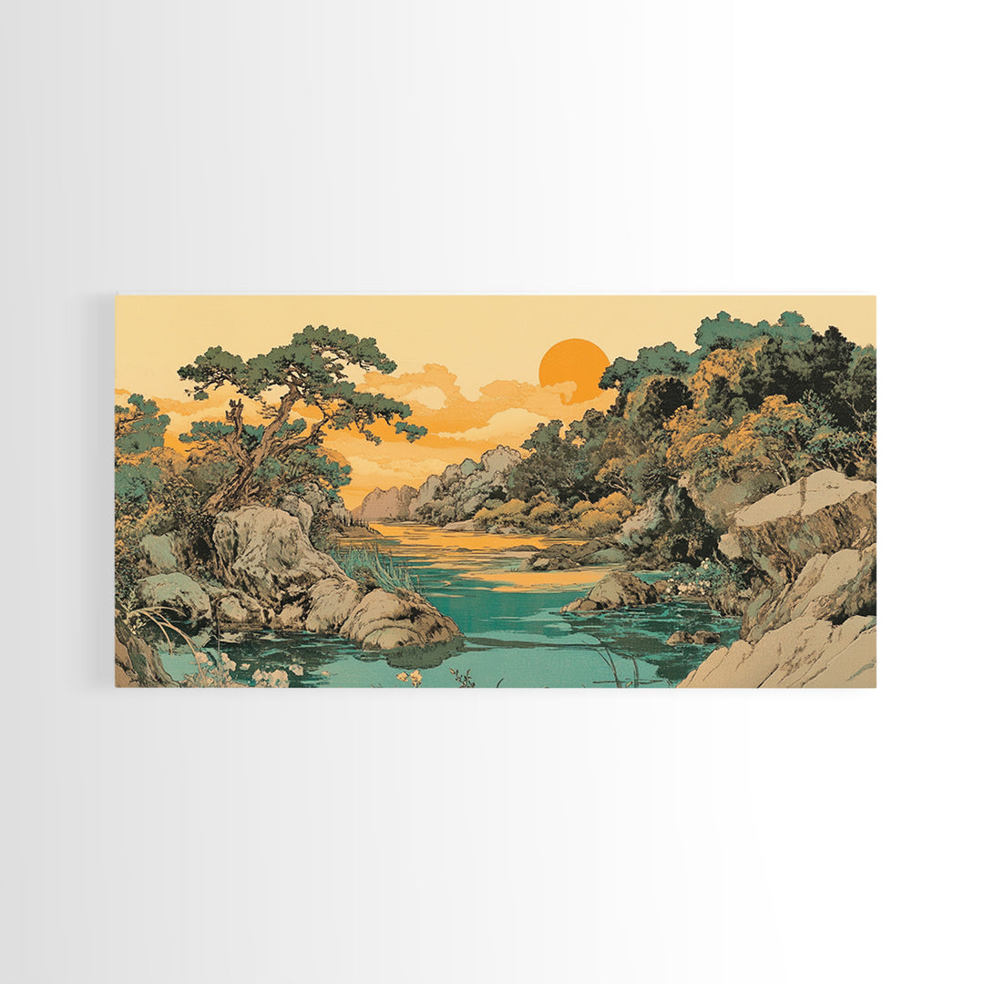 Golden River Valley Landscape Wall Art, Japanese Mountain Canvas Print, Serene Nature Decor, Japandi Living Room Art Gift