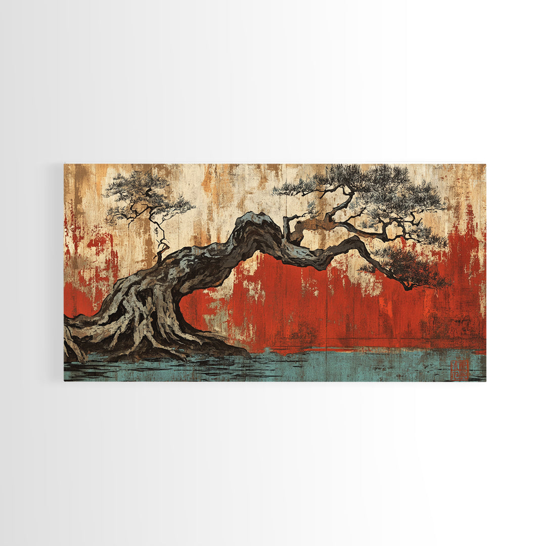 Twisted Bonsai Tree Framed Canvas Print, Japanese Wabi Sabi Wall Art, Rustic Nature Decor, Zen Living Room Statement Art